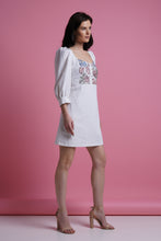 Load image into Gallery viewer, White linen embroidered ethnic short dress with puffy sleeves
