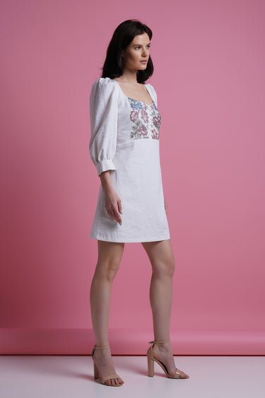 ethnic mini dress Embroidered Mini Dress with Sweetheart Neckline & Puffy Sleeves 8 US / 42 EU