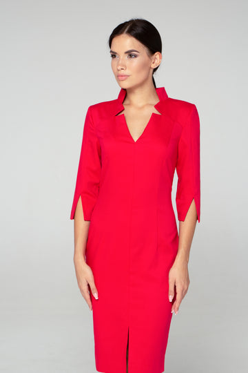 red midi pencil dress Do Long MORRIS RED PENCIL SEMI-HEART NECK ORGANDY MIDI DRESS