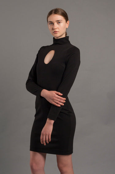 Black Mini Dress – High Neck, Cut-Out Detail, Fitted Silhouette – TAVROVSKA