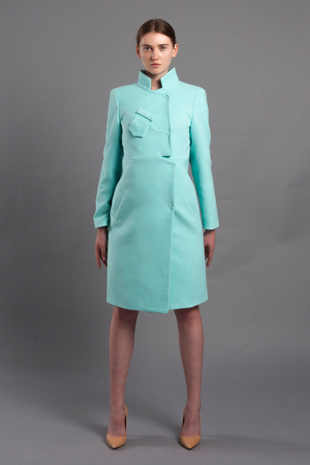 Mint high neck single breasted coat with asymmetrical details
