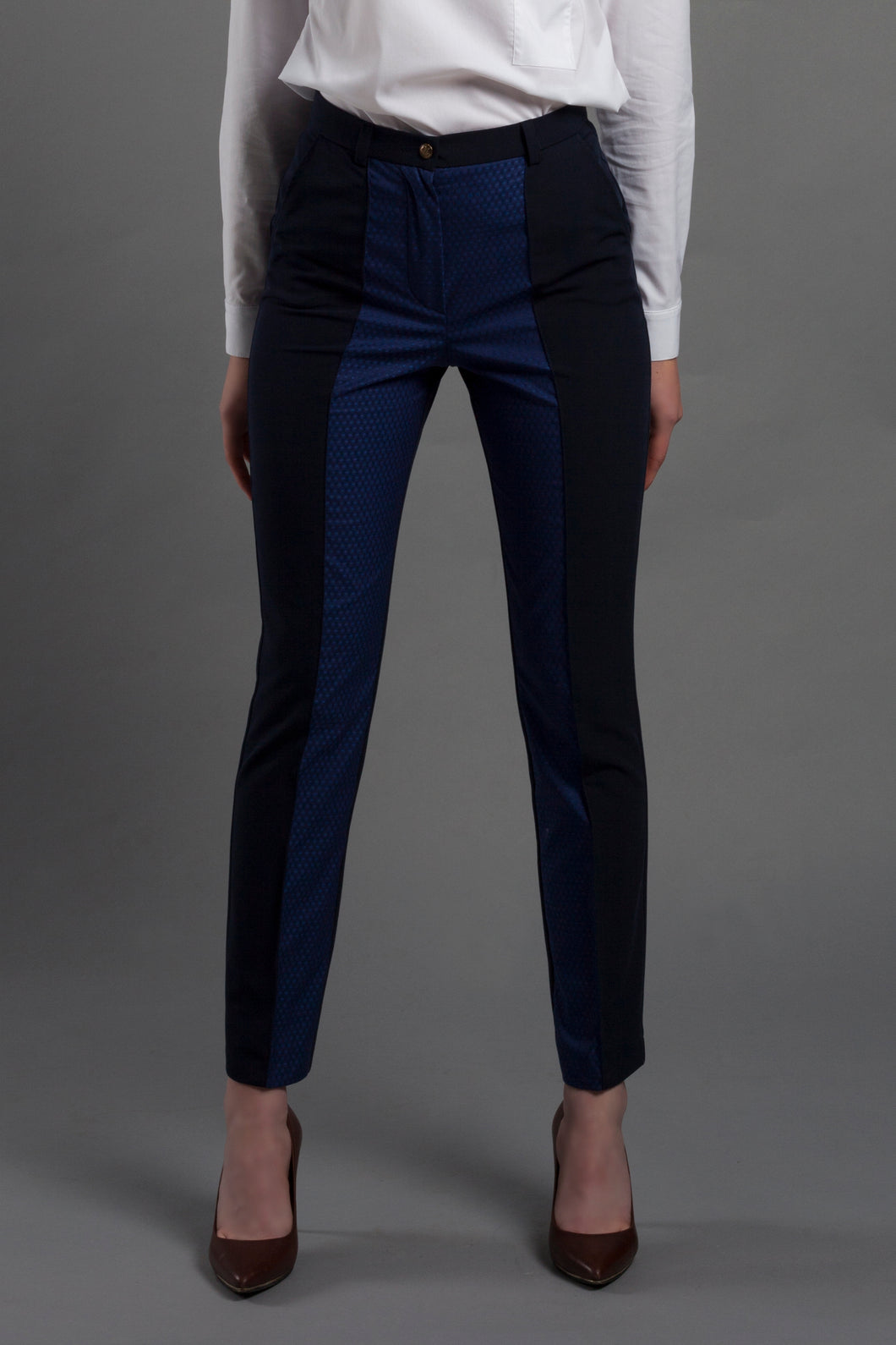 Navy blue pencil pants with jacquard insert