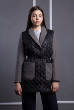 Load image into Gallery viewer, Black winter quilted jacket with gray wool details
