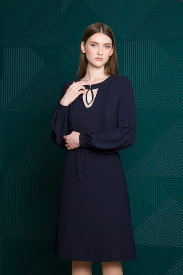 Navy Midi Dress with Keyhole Neckline and Fit & Flare Silhouette 10 US / 44 EU