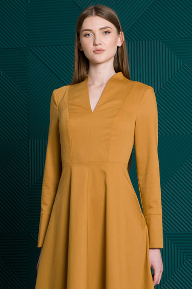 Midi Mustard Dress with V-Neckline and Fit & Flare Silhouette 00 US / 32 EU Midi Mustard Dress with V-Neckline and Fit & Flare Silhouette 00 US / 32 EU