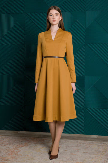 Midi Mustard Dress with V-Neckline and Fit & Flare Silhouette 8 US / 42 EU