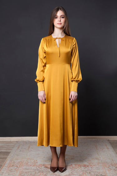 Yellow Tea-Length Dress with Keyhole Neckline and Long Sleeves 12 US / 46 EU