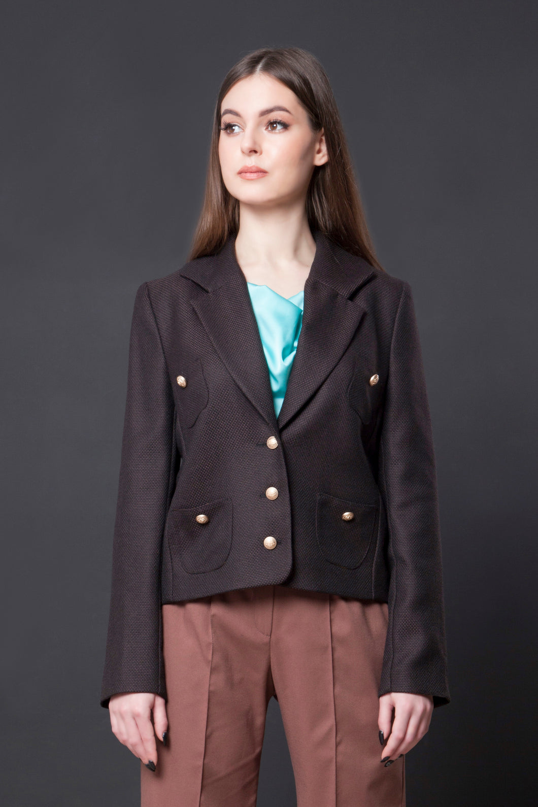 Brown notched collar tweed blazer