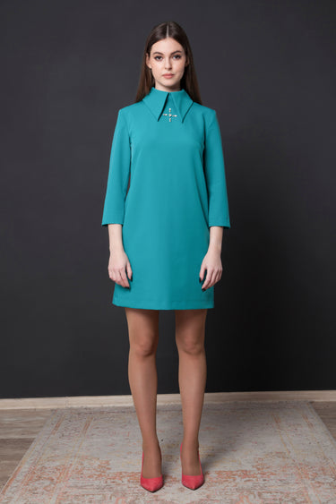 bright teal mini dress Bright Mini Dress with Collared Neckline and Rhinestone Decor 4 US / 38 EU