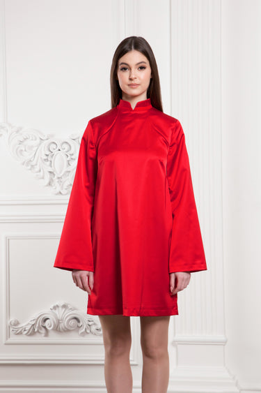 silk qipao dress Red Modern Qipao Dress with High Neck and Loose Fit – TAVROVSKA