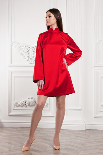 red satin long sleeve dress Red Modern Qipao Dress with High Neck and Loose Fit – TAVROVSKA