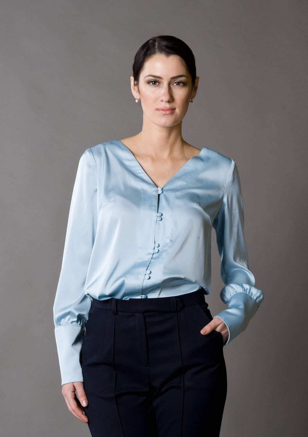 Blue long sleeve button up blouse