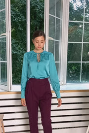Silk satin blouse in bright blue