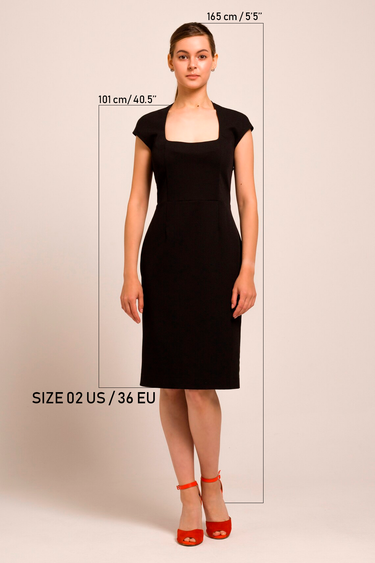 Black Pencil Dress with Square Neckline and Cap Sleeves 00 US / 32 EU