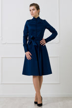 Load image into Gallery viewer, Navy blue high neck button front fit and flare dress
