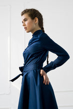 Load image into Gallery viewer, Navy blue high neck button front fit and flare dress

