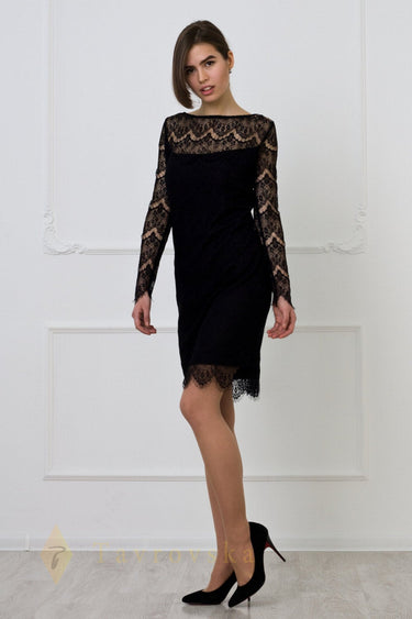 Black Lace Midi Dress Scalloped Edge, Elegant Cocktail Attire 12 US / 46 EU Black Lace Midi Dress Scalloped Edge, Elegant Cocktail Attire 12 US / 46 EU