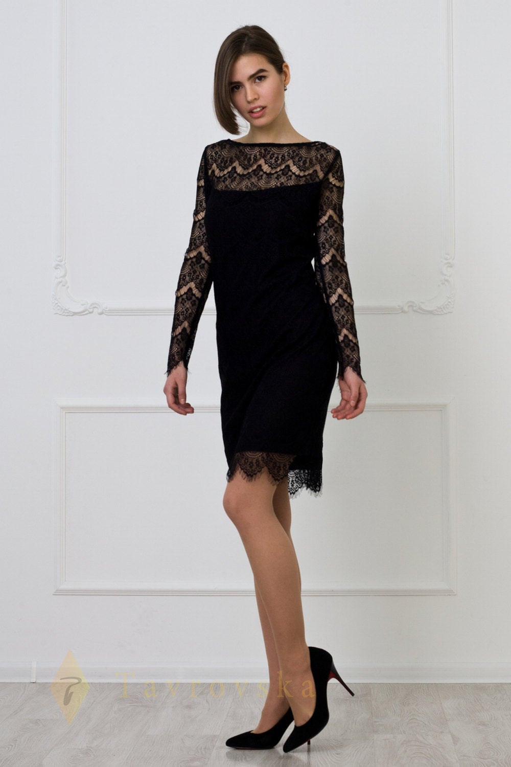 Black lace midi dress with scalloped edge
