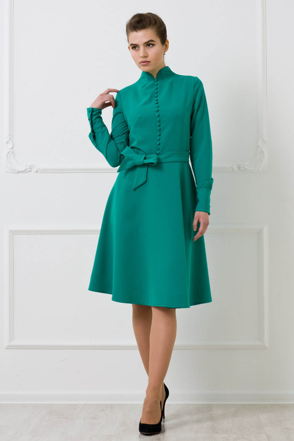 Green high neck button front fit and flare dress