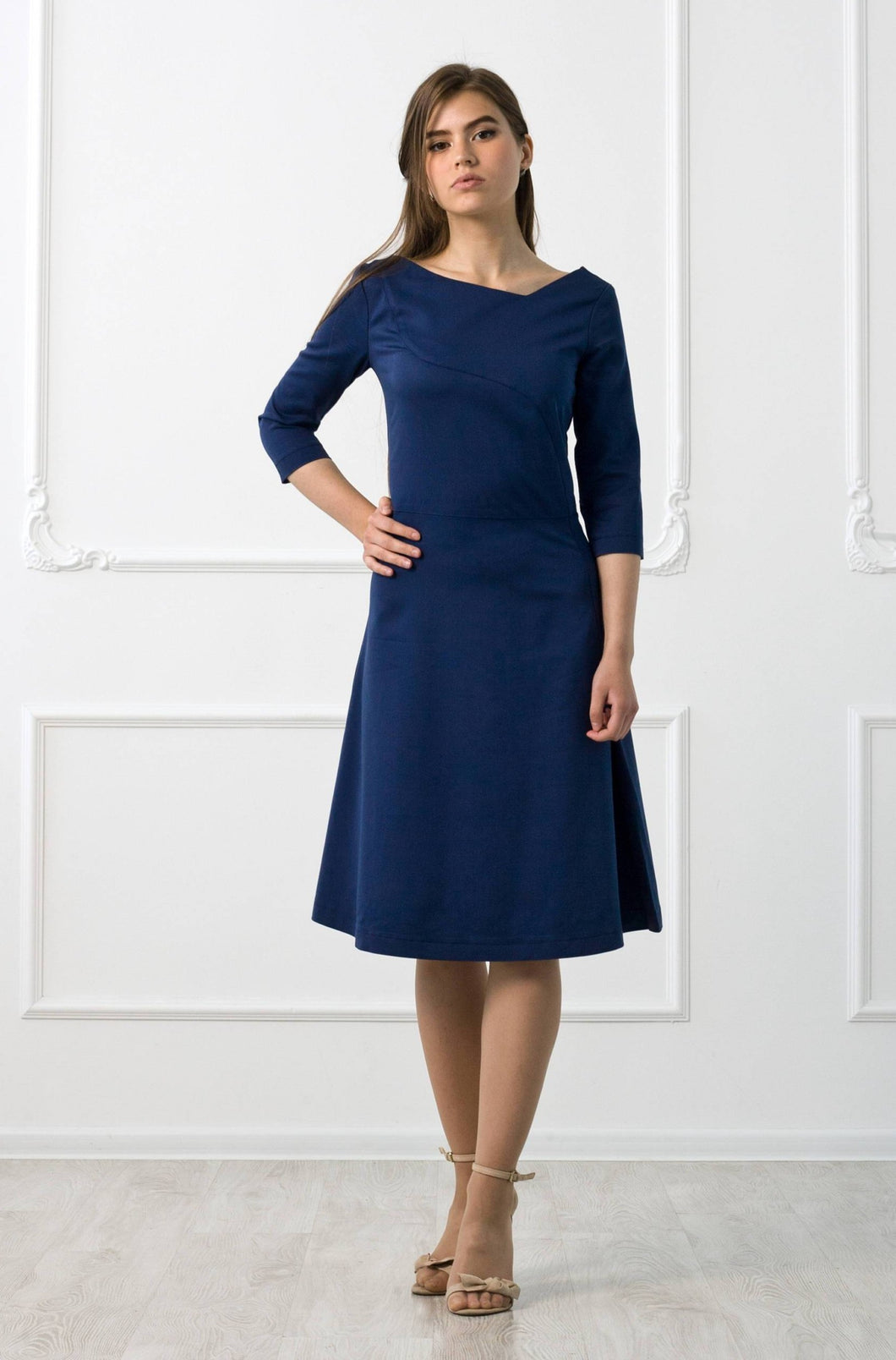 Blue asymmetrical fit and flare cotton midi dress