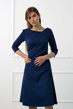 Load image into Gallery viewer, Blue asymmetrical fit and flare cotton midi dress
