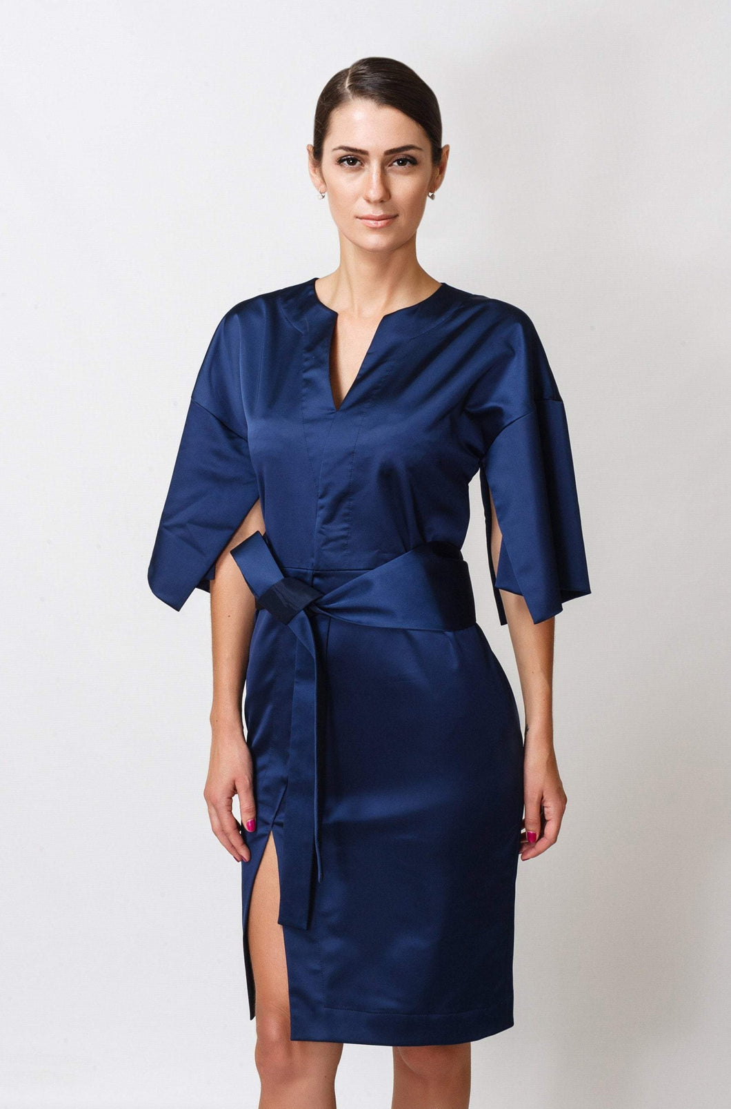 Sapphire blue kimono midi dress with belt