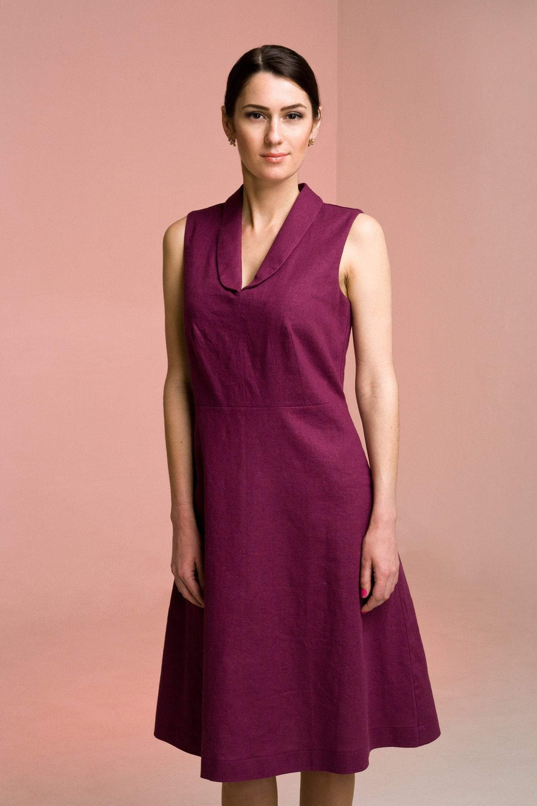 Purple linen shawl collar dress with pockets