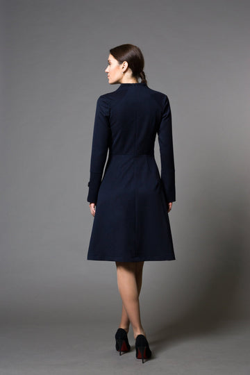 structured midi dress with sleeves Elegant Structured A-Line Dress with High Neck and Long Sleeves 4 US / 38 EU