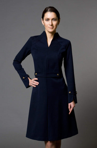 Elegant Structured A-Line Dress with High Neck and Long Sleeves 4 US / 38 EU Elegant Structured A-Line Dress with High Neck and Long Sleeves 4 US / 38 EU