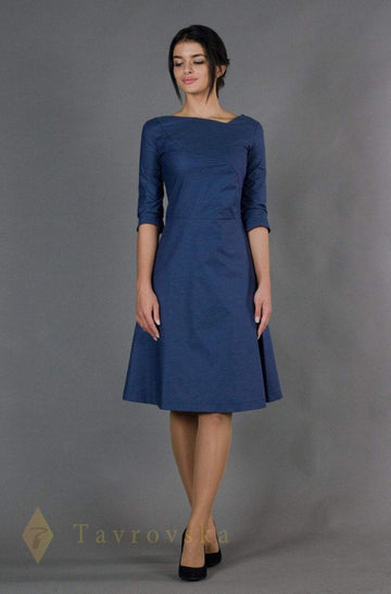 Blue Asymmetrical Fit and Flare Dress Midi Length, 3/4 Sleeves 00 US / 32 EU Blue Asymmetrical Fit and Flare Dress Midi Length, 3/4 Sleeves 00 US / 32 EU
