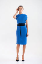 Load image into Gallery viewer, Cobalt blue asymmetrical midi dress with velvet belt
