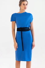 Load image into Gallery viewer, Cobalt blue asymmetrical midi dress with velvet belt
