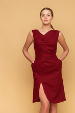 Load image into Gallery viewer, Red asymmetrical front slit linen dress
