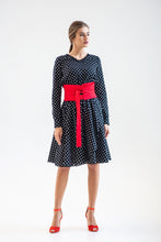 Load image into Gallery viewer, Polka dot long sleeve cotton dress with wide red satin belt
