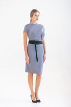 Load image into Gallery viewer, Gray asymmetrical midi dress with velvet belt
