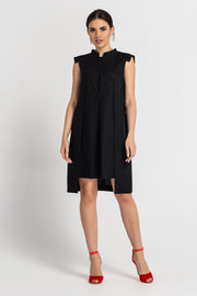 Black High Neck Linen Dress Minimalist Design, Mandarin Collar 14 US / 48 EU Black High Neck Linen Dress Minimalist Design, Mandarin Collar 14 US / 48 EU