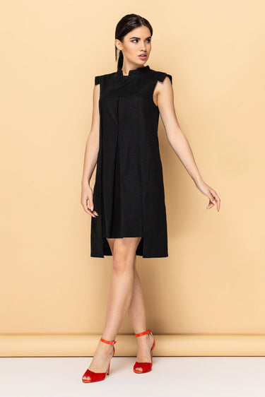 Black High Neck Linen Dress – Minimalist Design, Mandarin Collar – TAVROVSKA