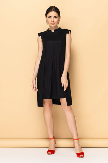 Black High Neck Linen Dress Minimalist Design, Mandarin Collar TAVROVSKA Black High Neck Linen Dress Minimalist Design, Mandarin Collar TAVROVSKA