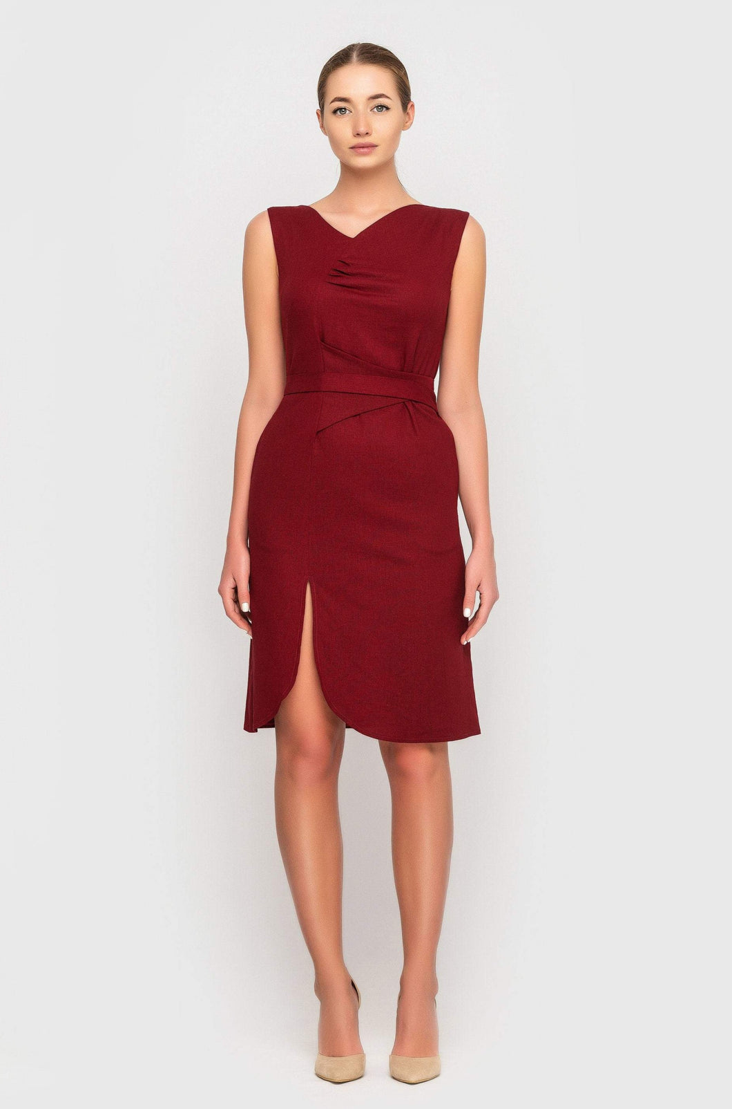 Red asymmetrical front slit linen dress