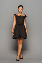 Load image into Gallery viewer, Black mini fit and flare dress with tulle collar
