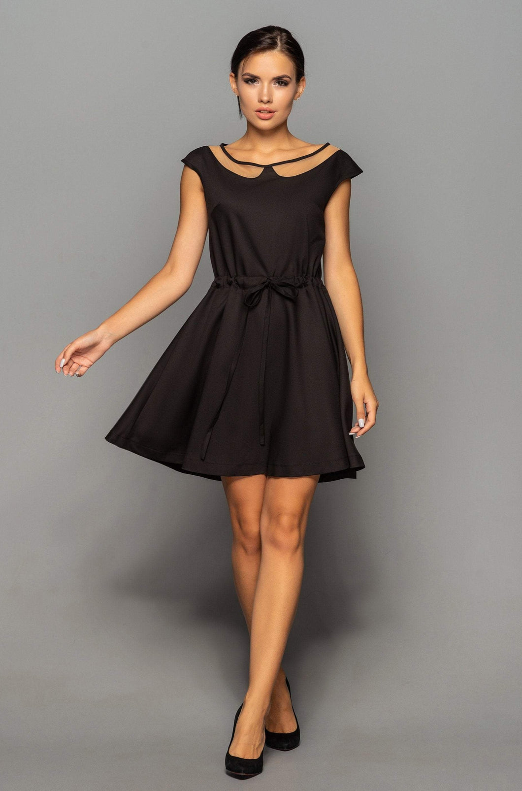 Black mini fit and flare dress with tulle collar
