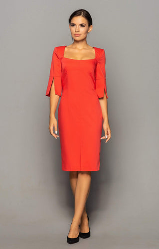 Red square neck sheath dress