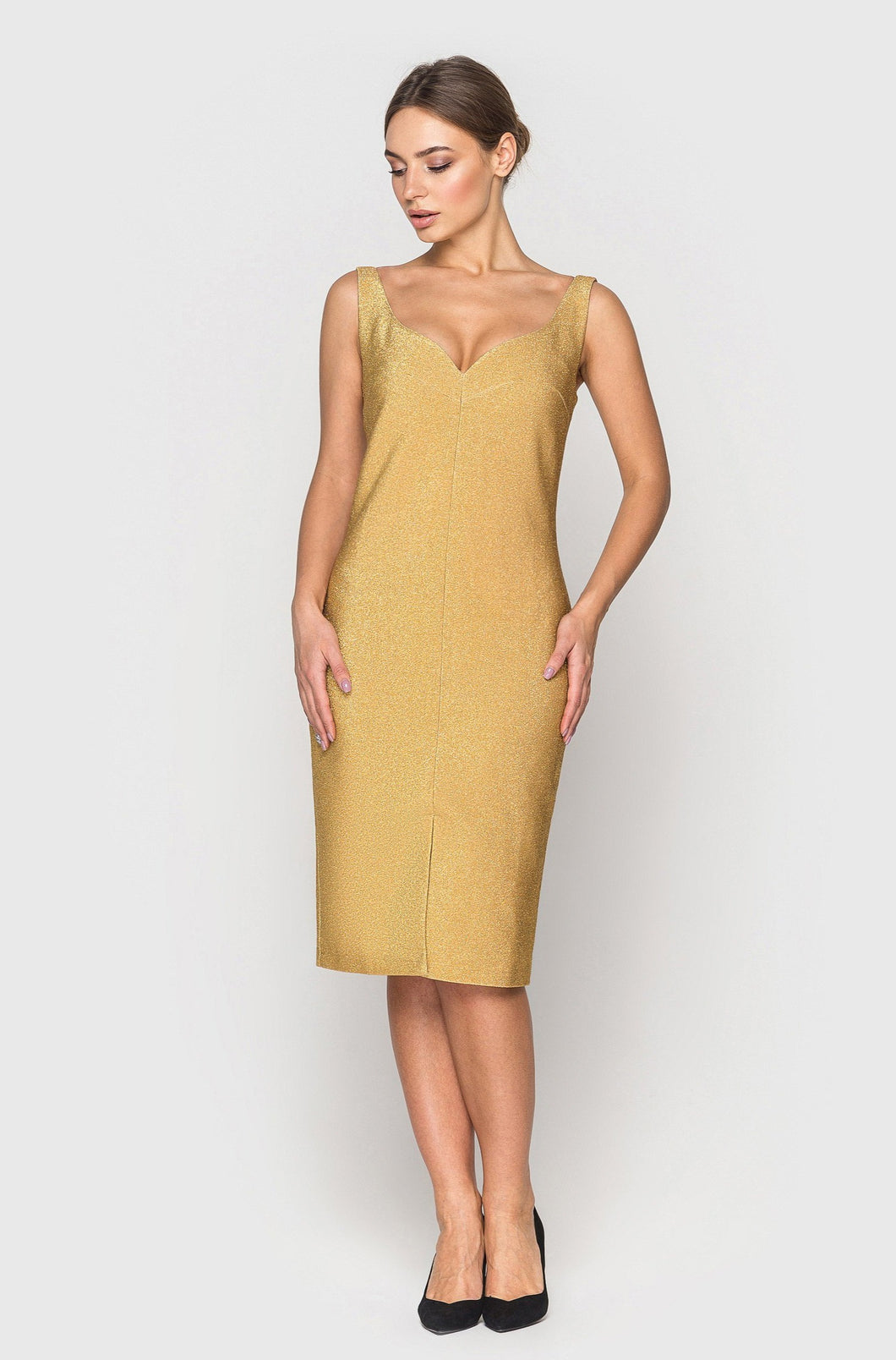 Gold lurex sleeveless pencil dress