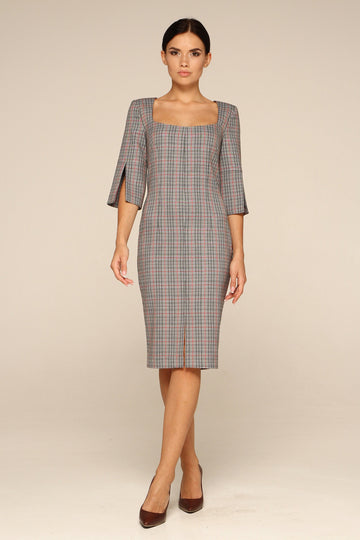 Grey plaid square neck pencil dress