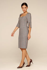 Grey plaid square neck pencil dress