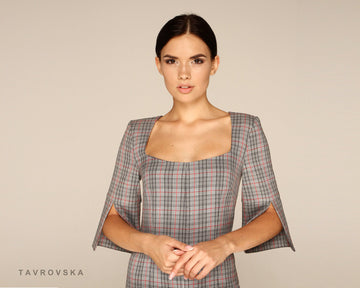 Grey plaid square neck pencil dress