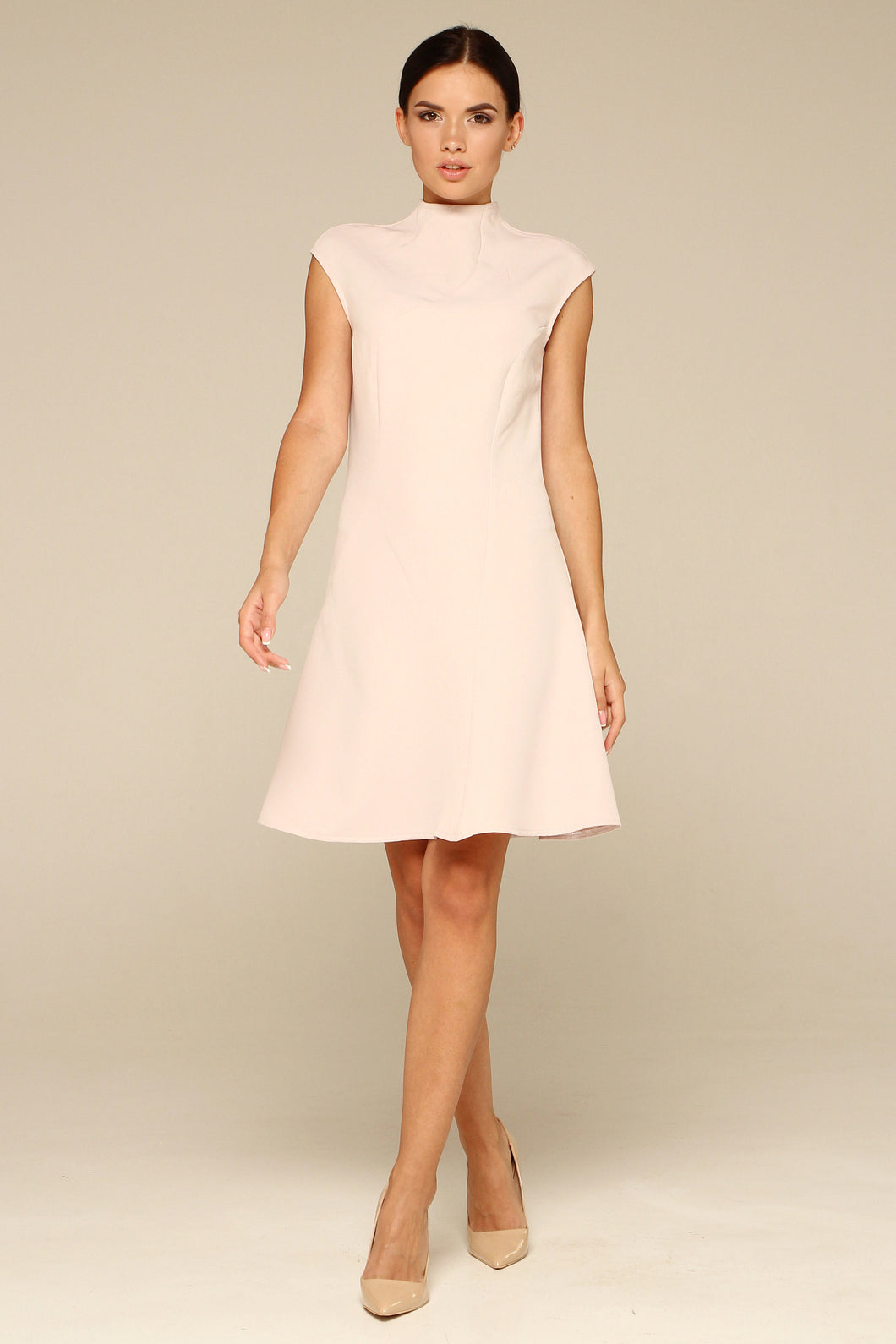 White asymmetrical high neck mini dress