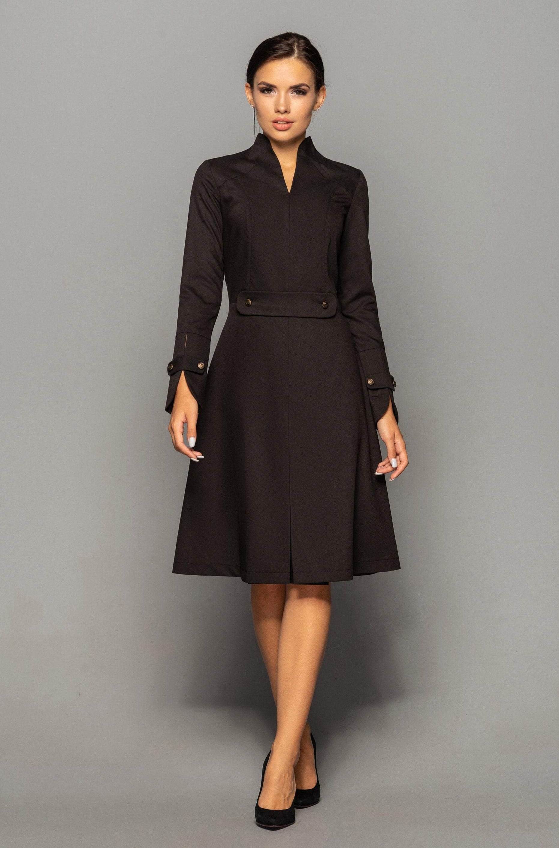 Black high neck a-line midi dress women – TAVROVSKA