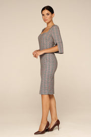Grey plaid square neck pencil dress