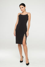 Load image into Gallery viewer, Black camisole dress with high front slit and leg bracelet
